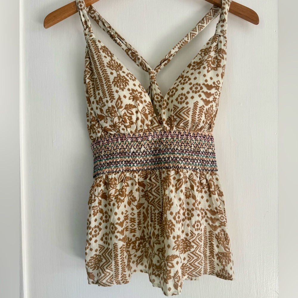Kori‎ Smocked Boho Print Embroidered Top Crisscross Back Festival